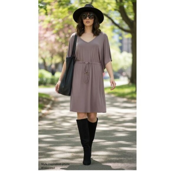 CALVIN KLEIN - Taupe pullover v-neck batwing dress with drawstring waist - Picture 3 of 10